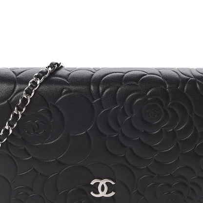 Chanel Lambskin Camellia Embossed Wallet on Chain WOC Black 9 of 10
