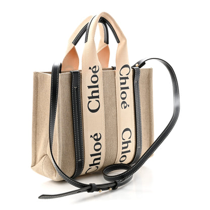 Chloe Cotton Calfskin Small Woody Ribbon Tote With Strap White Navy 3 of 10