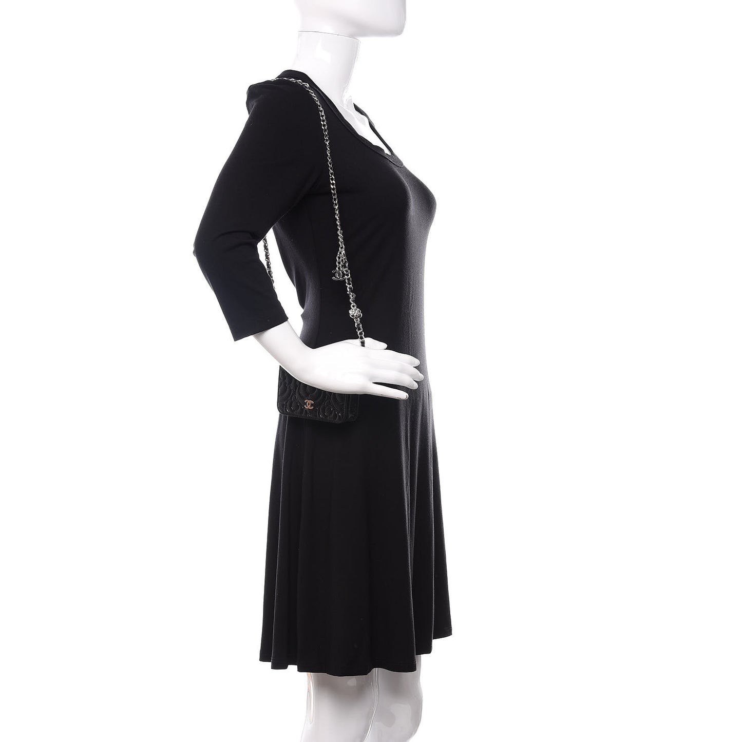 Caviar Camellia Embossed Chain Belt Bag Black