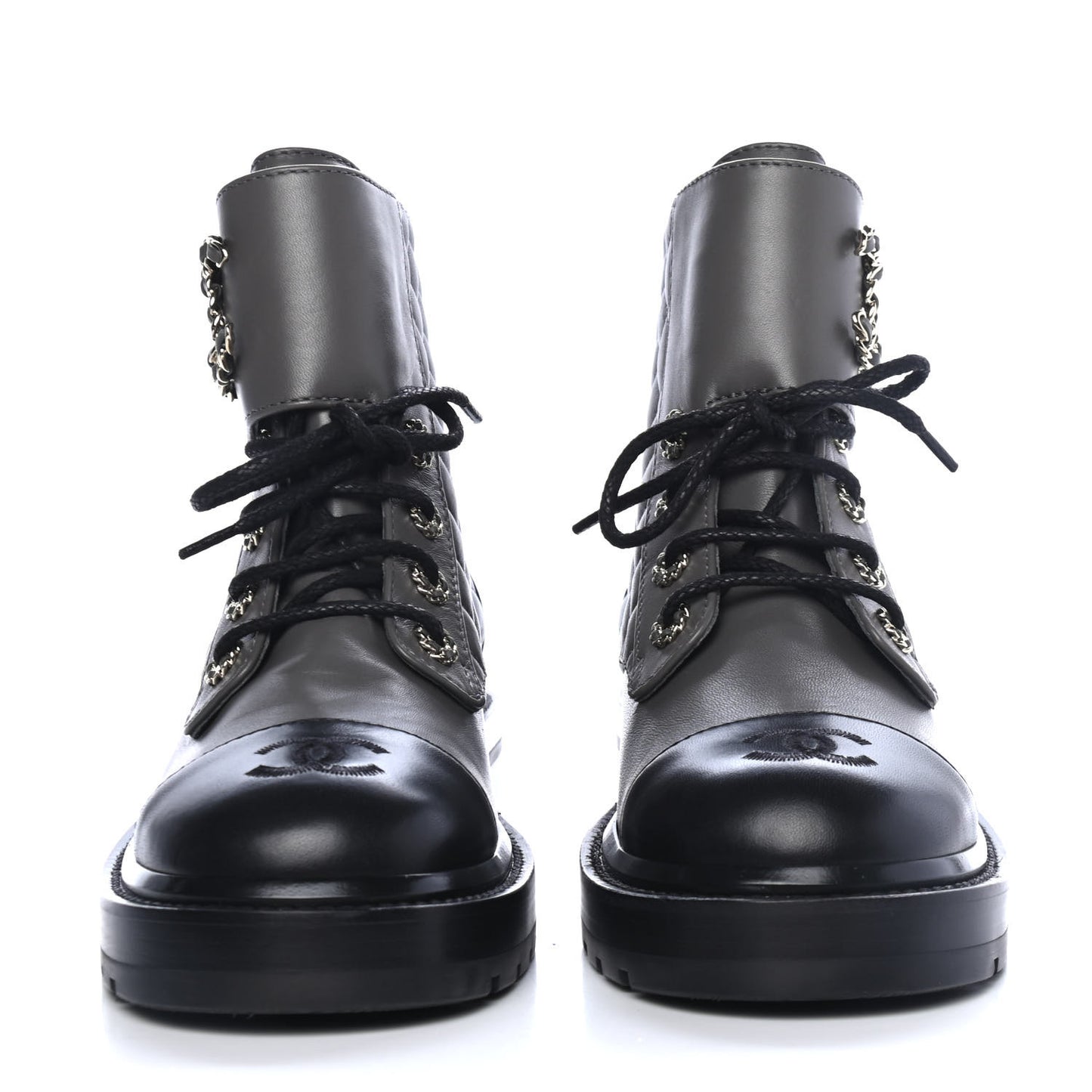 Shiny Lambskin Quilted Lace Up Combat Boots 38 Grey Black