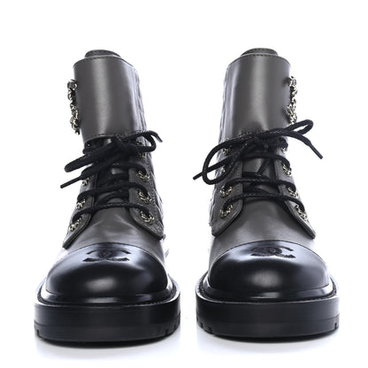 Chanel Shiny Lambskin Quilted Lace Up Combat Boots 38 Grey Black 2 of 5