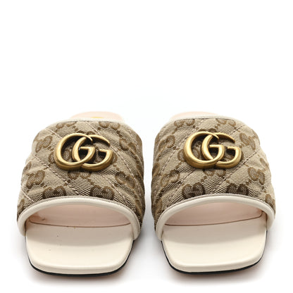 Gucci Monogram Matelasse Diagonal GG Marmont Flat Slide Sandals  35 Beige Ebony Mystic White 3 of 10