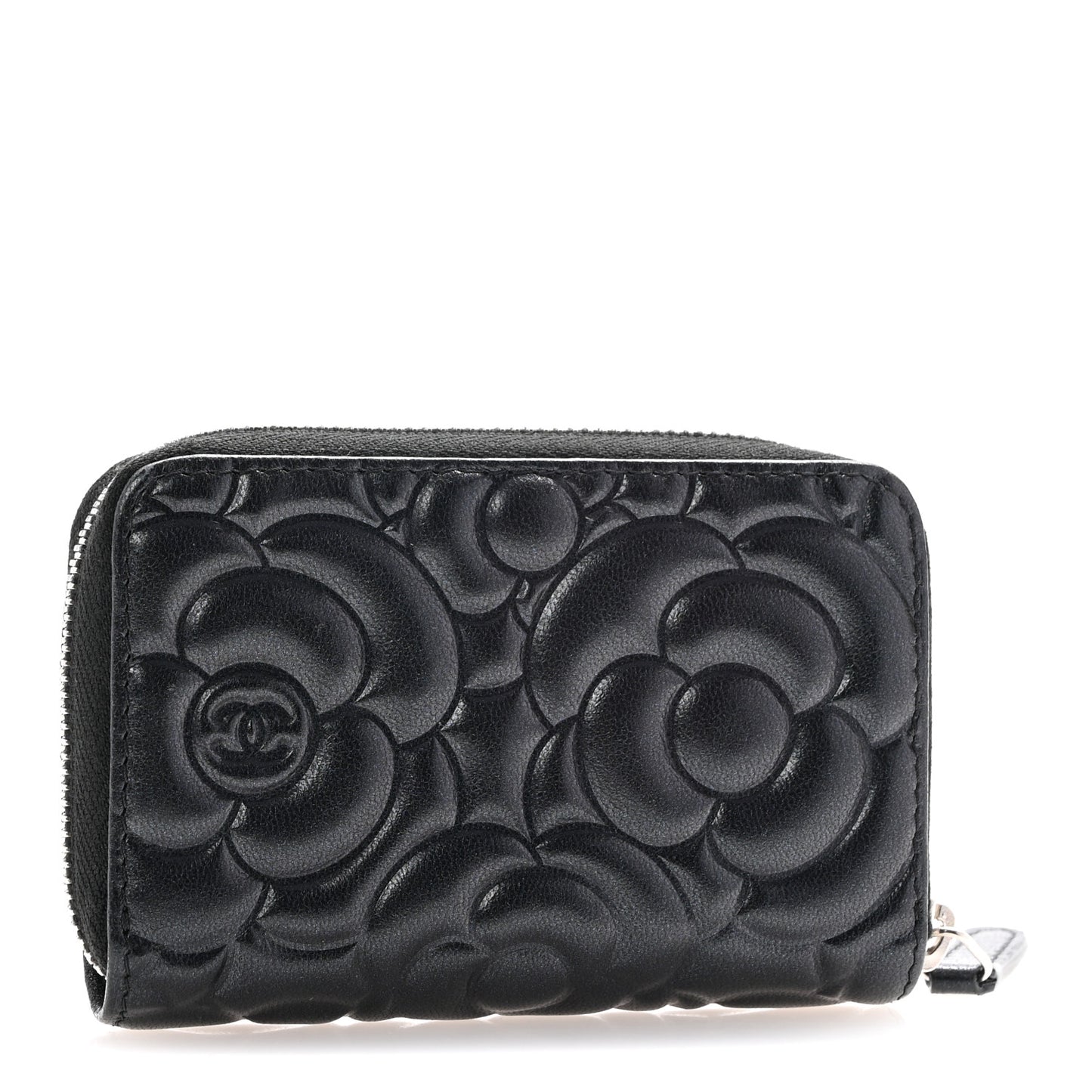 Iridescent Lambskin Camellia Embossed Zip Coin Purse Black
