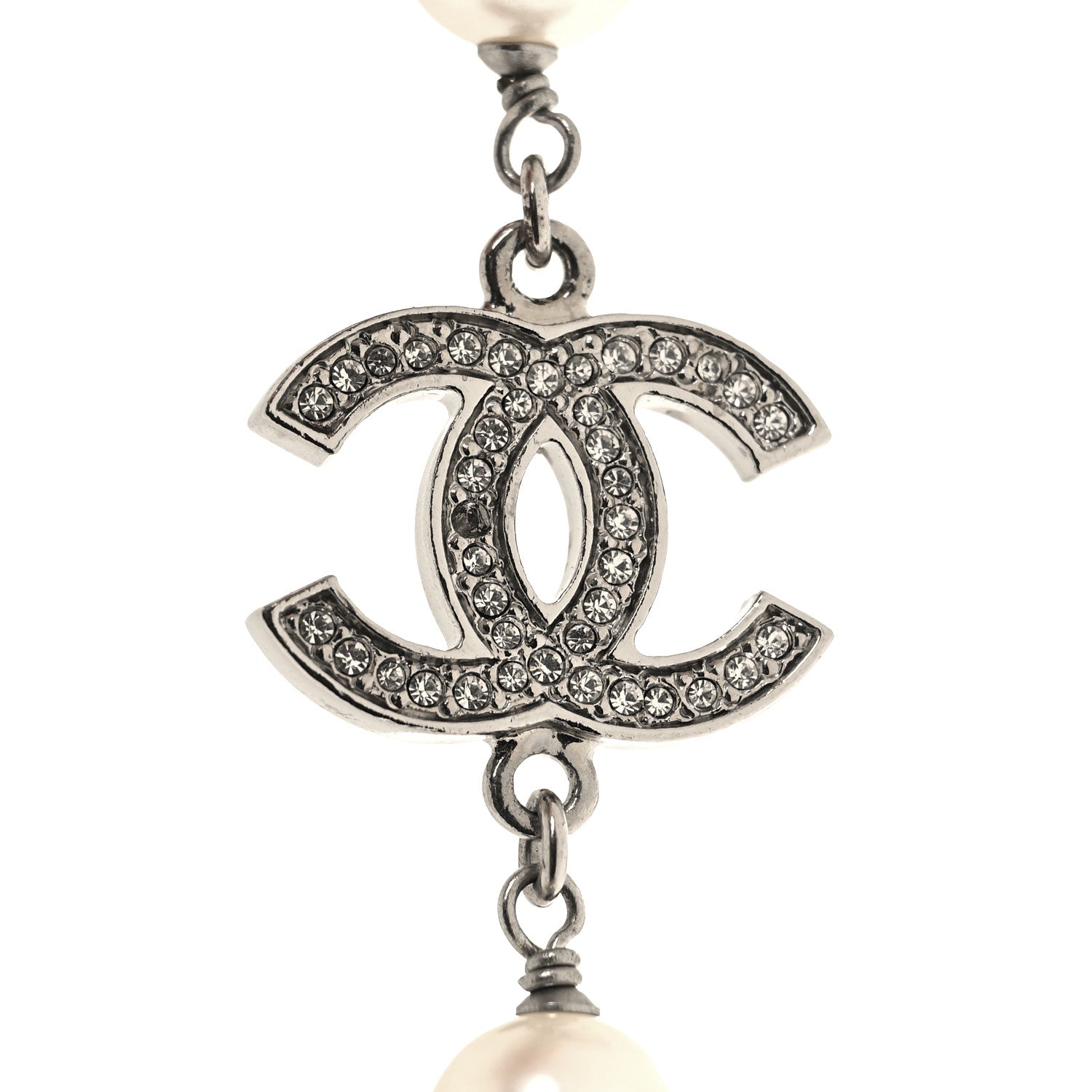 Chanel Graduated Pearl Crystal CC Long Necklace Silver 5 of 5
