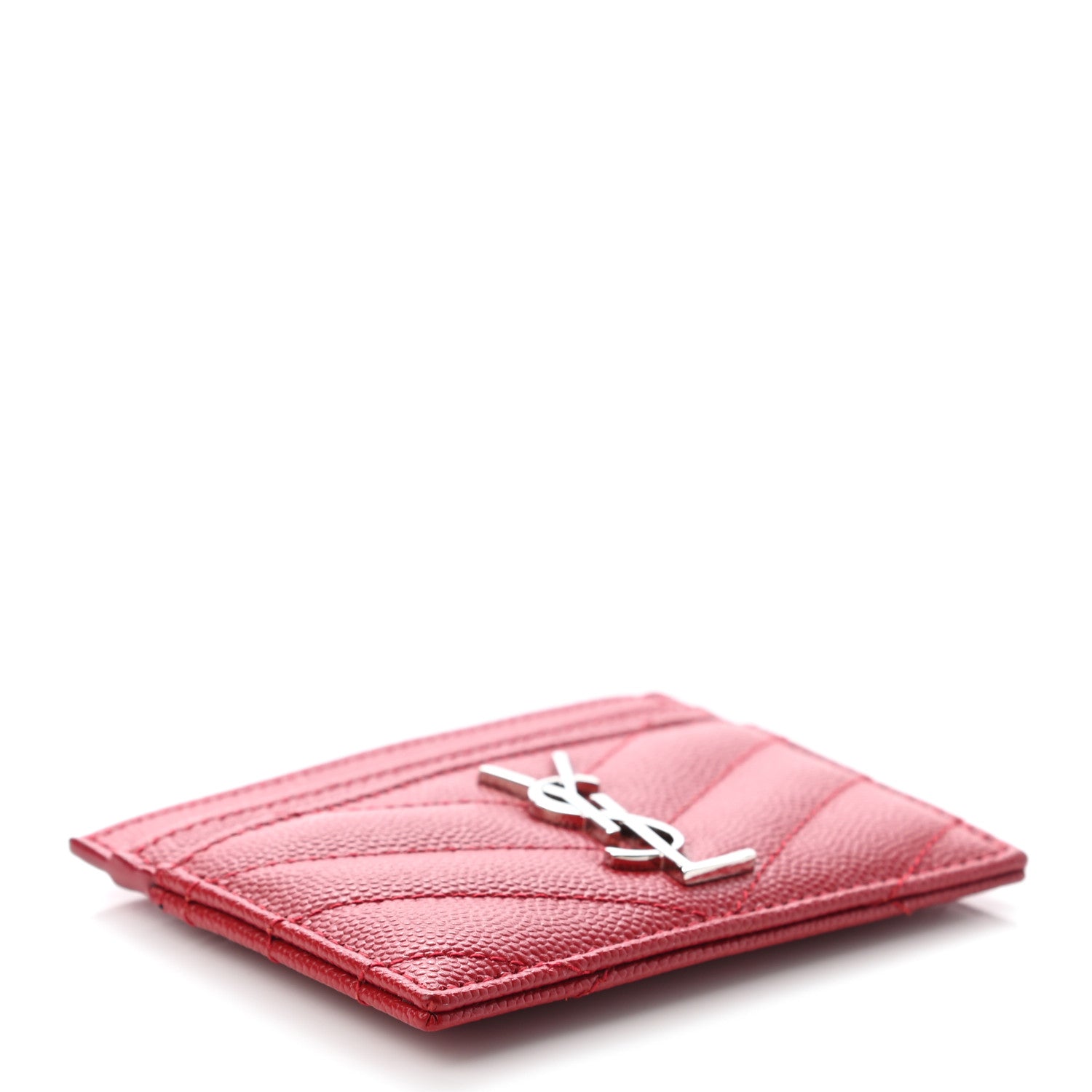 Saint Laurent Grain De Poudre Matelasse Chevron Monogram Credit Card Case Rouge Eros 4 of 7