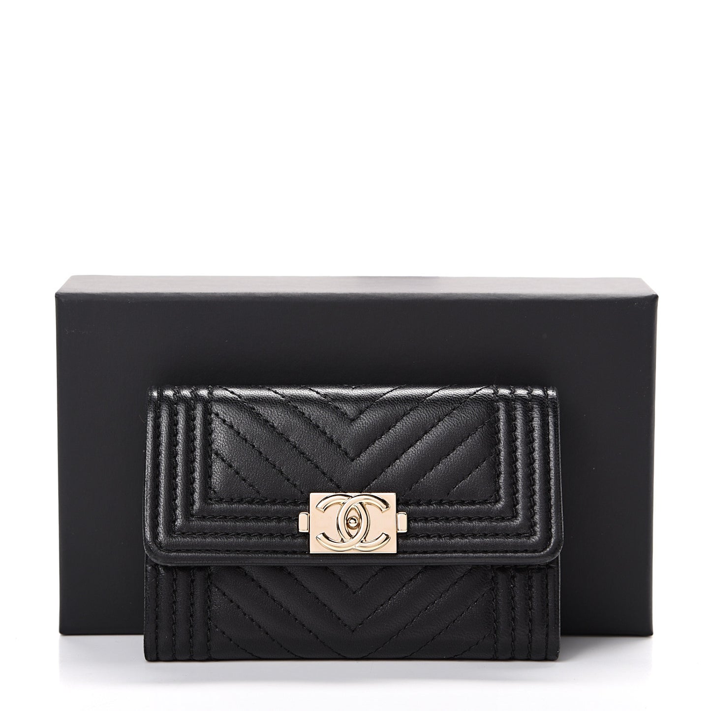 Lambskin Chevron Quilted Boy Card Holder Wallet Black