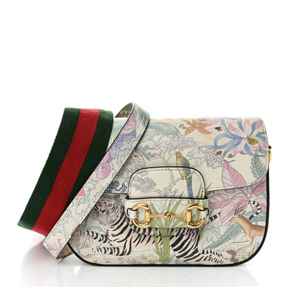 Gucci New Shangai Calfskin Tiger Savanah Web Mini Horsebit 1955 Shoulder Bag Chalky White Multicolor 1 of 11