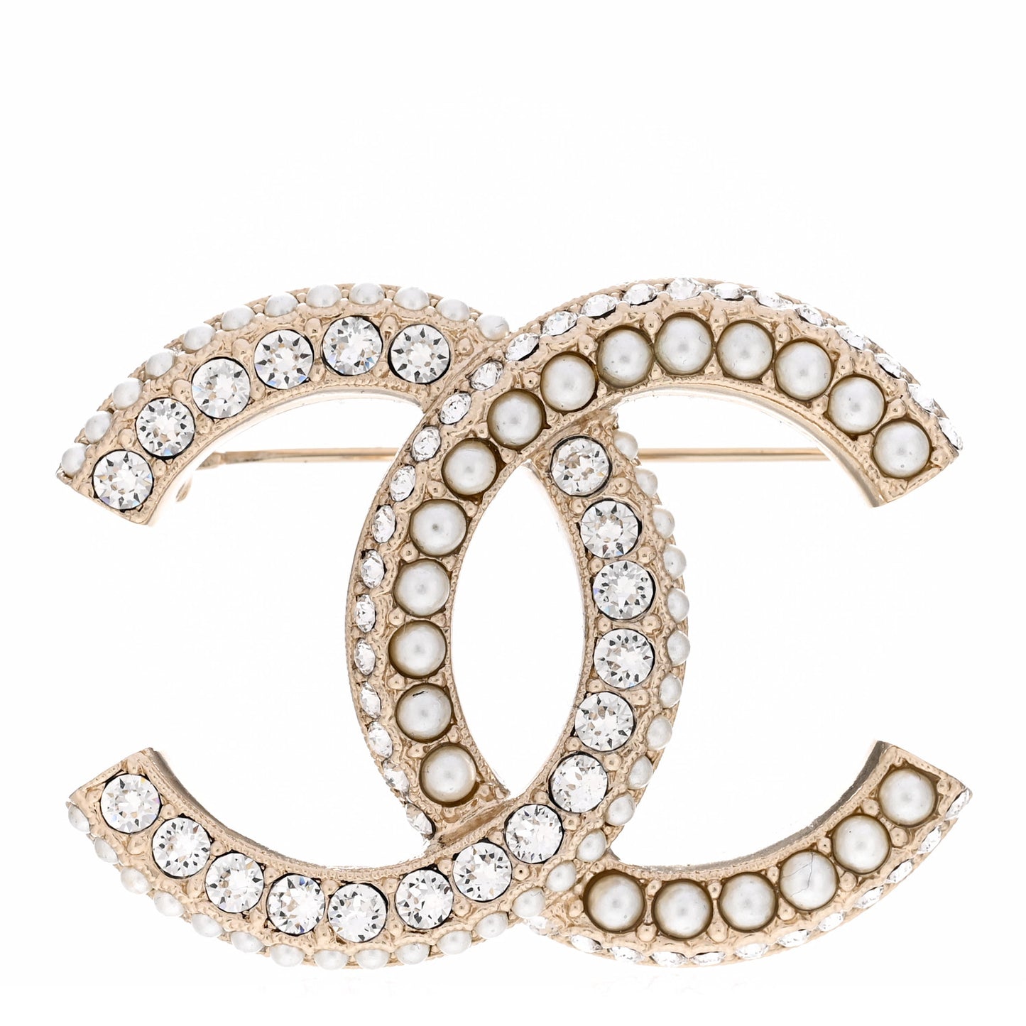Metal Crystal Pearl CC Brooch Gold White