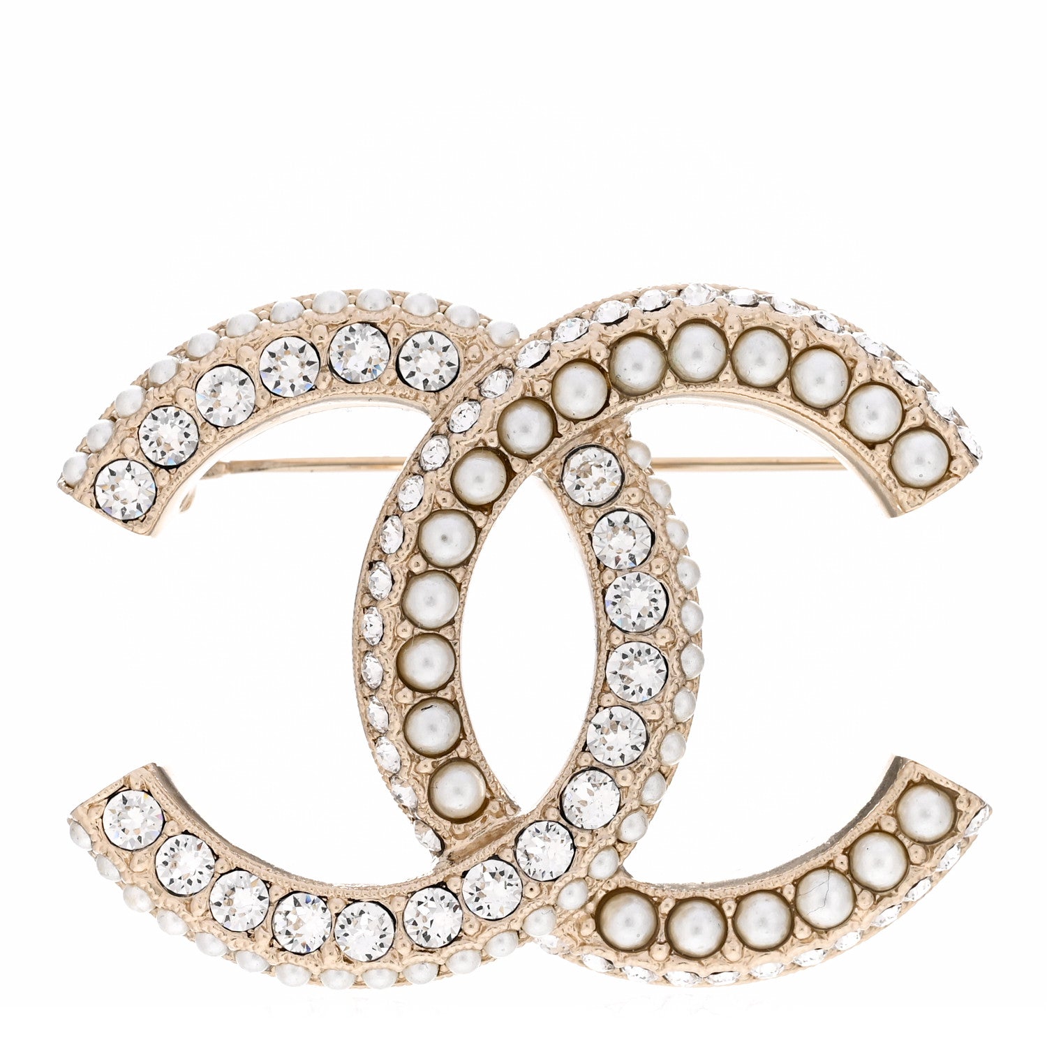 Chanel Metal Crystal Pearl CC Brooch Gold White 1 of 5