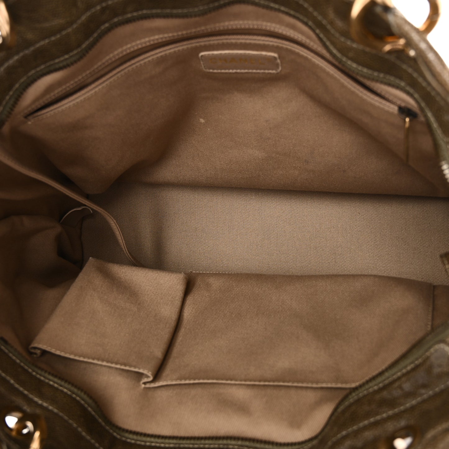 Crumpled Grained Calfskin Large Coco Pleats Tote Khaki