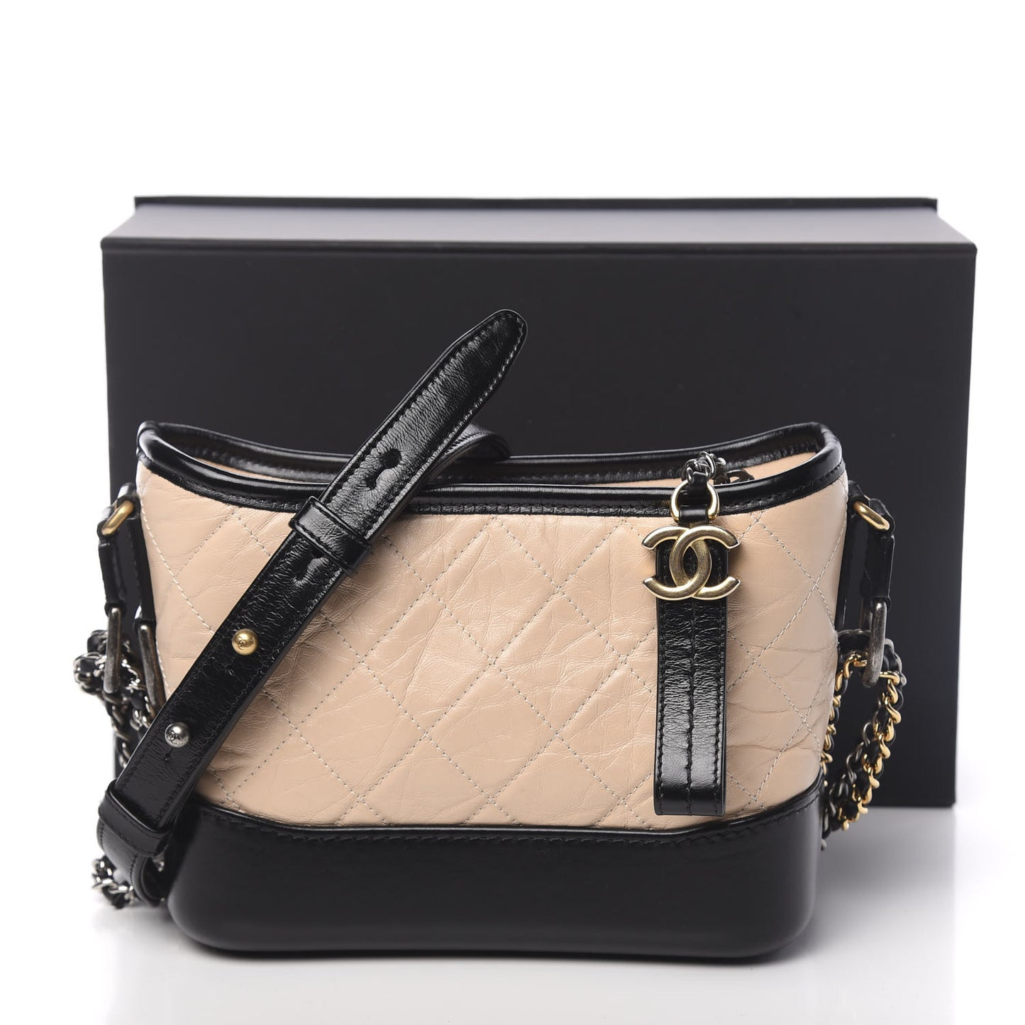 Aged Calfskin Quilted Small Gabrielle Hobo Beige Black