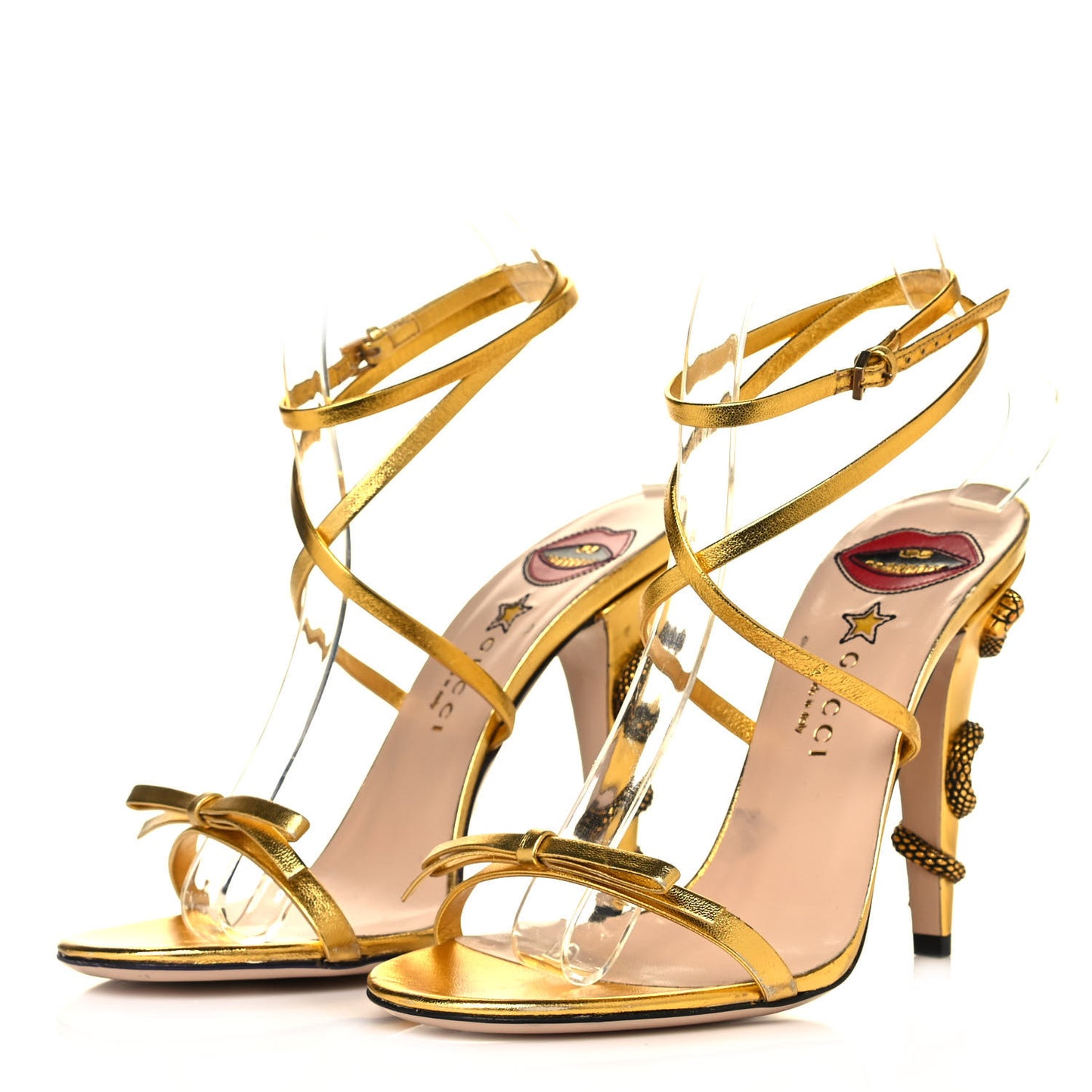 Metallic Nappa Snake Criss Cross High Heel Sandals 38.5 Gold