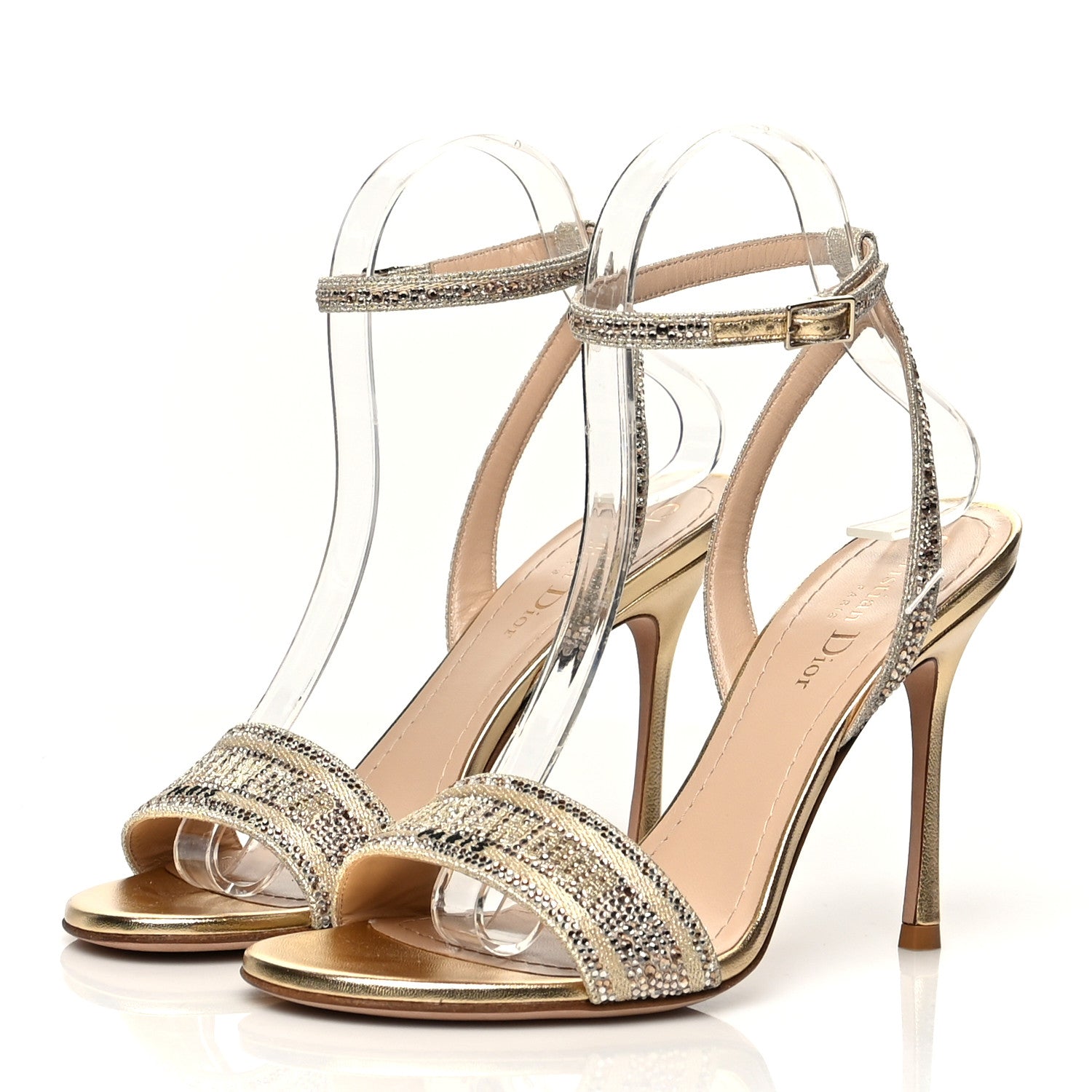 Christian Dior Laminated Calfskin Crystal Embroidered Dway 100mm Sandals 37.5 Gold 3 of 7