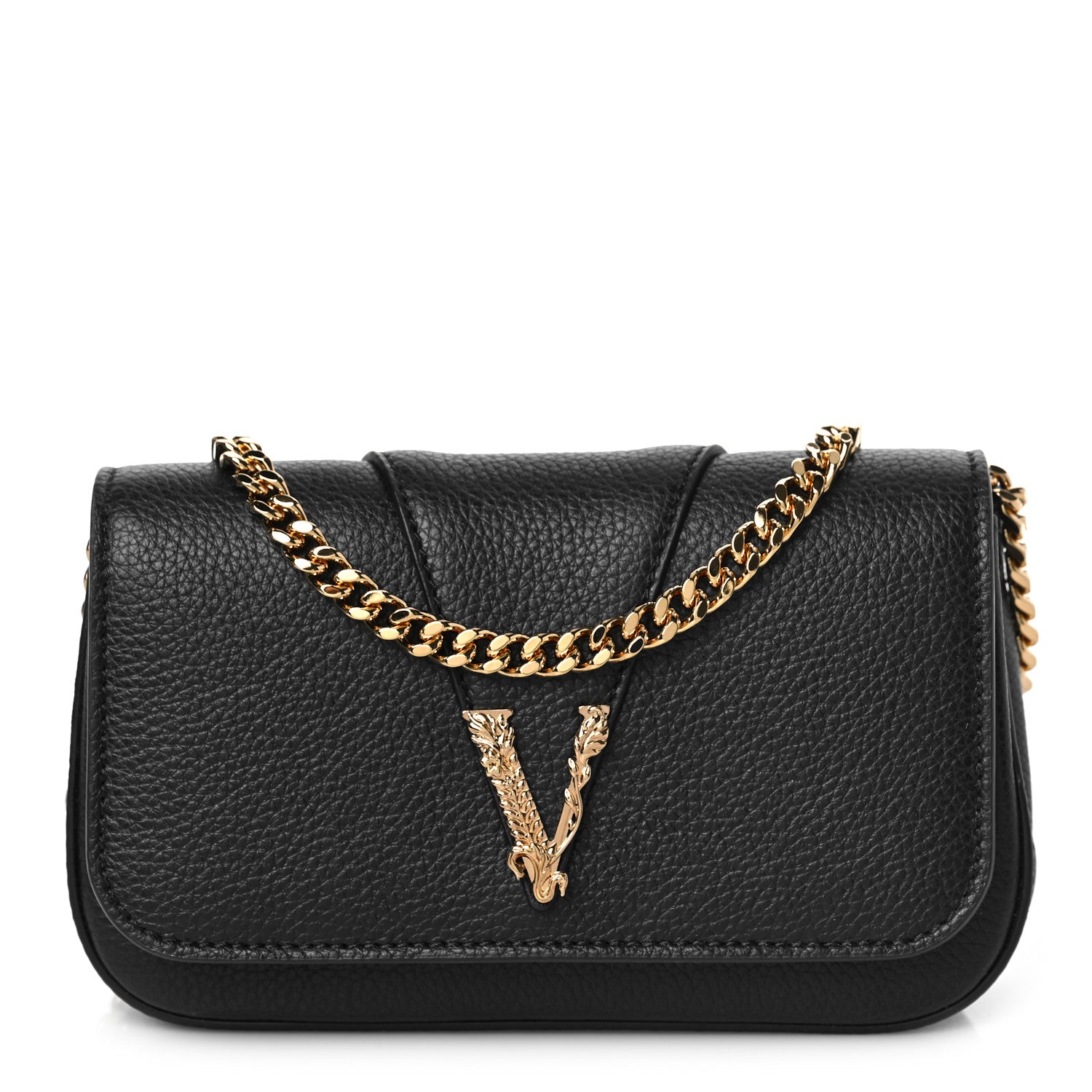 Versace Grainy Calfskin Virtus V Mini Wallet Chain Crossbody Black 1 of 8