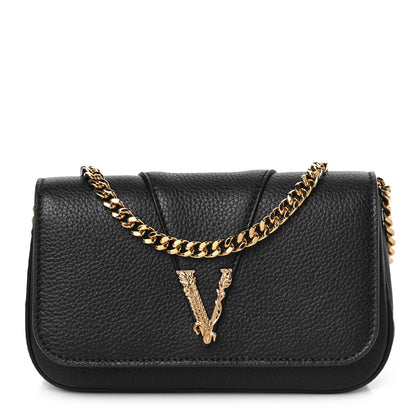 Versace Grainy Calfskin Virtus V Mini Wallet Chain Crossbody Black 1 of 8