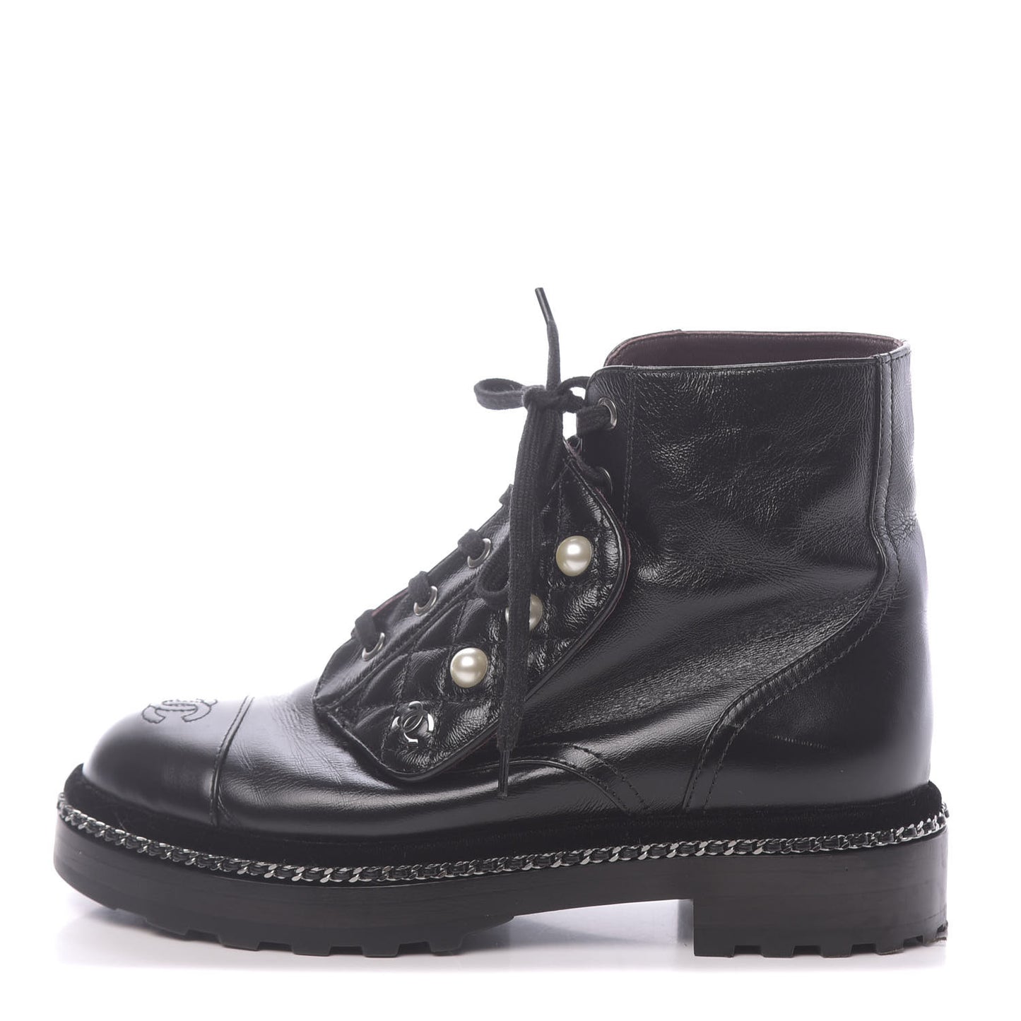 Crackled Calfskin Velvet Pearl Combat Short Boots 36 Black