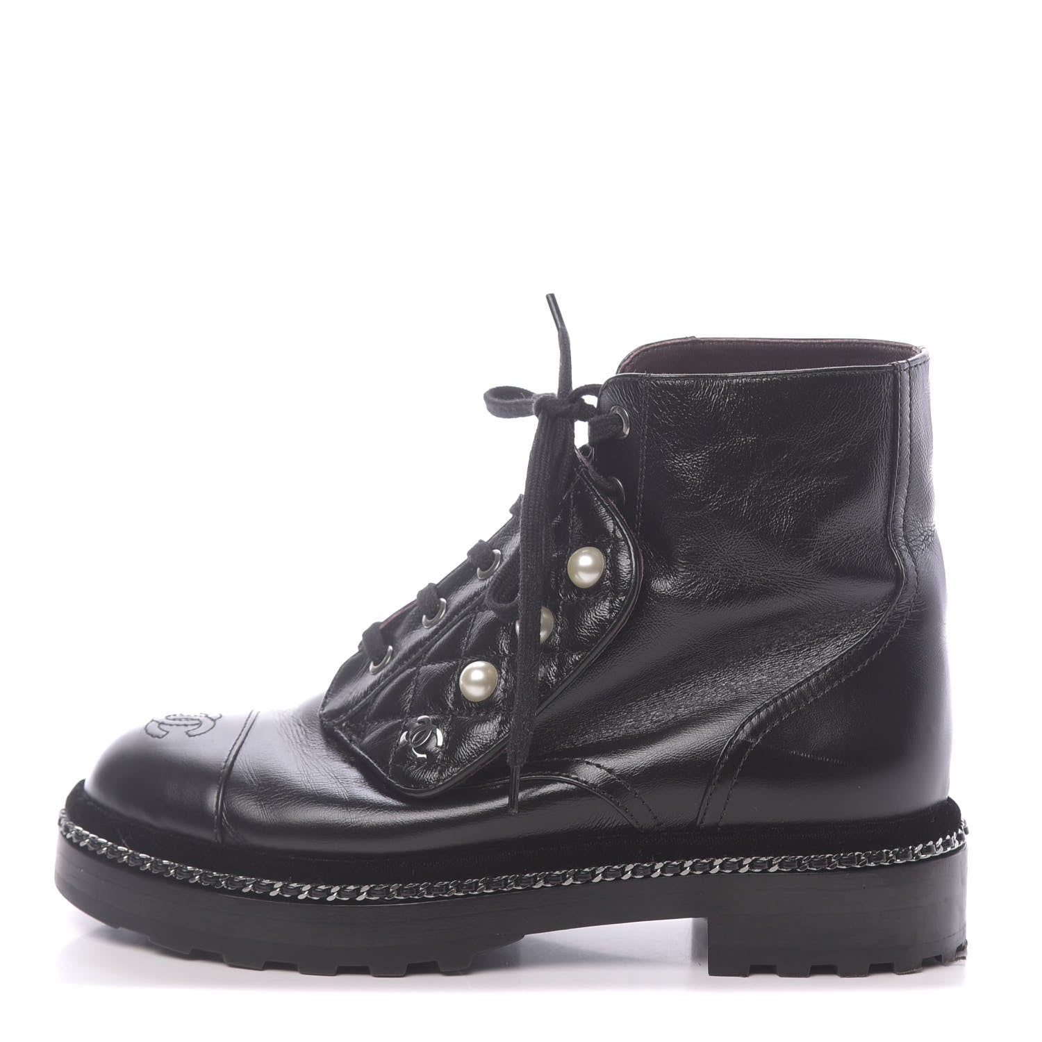 Chanel Crackled Calfskin Velvet Pearl Combat Short Boots 36 Black 1 of 9