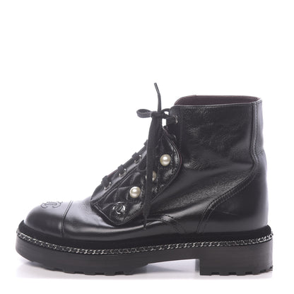 Chanel Crackled Calfskin Velvet Pearl Combat Short Boots 36 Black 1 of 9