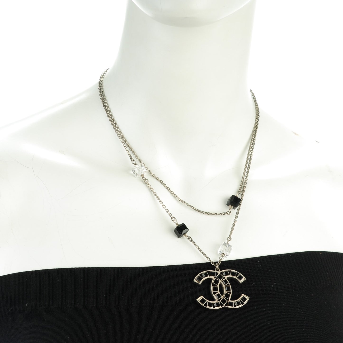 Baguette Crystal Beaded CC Necklace Black