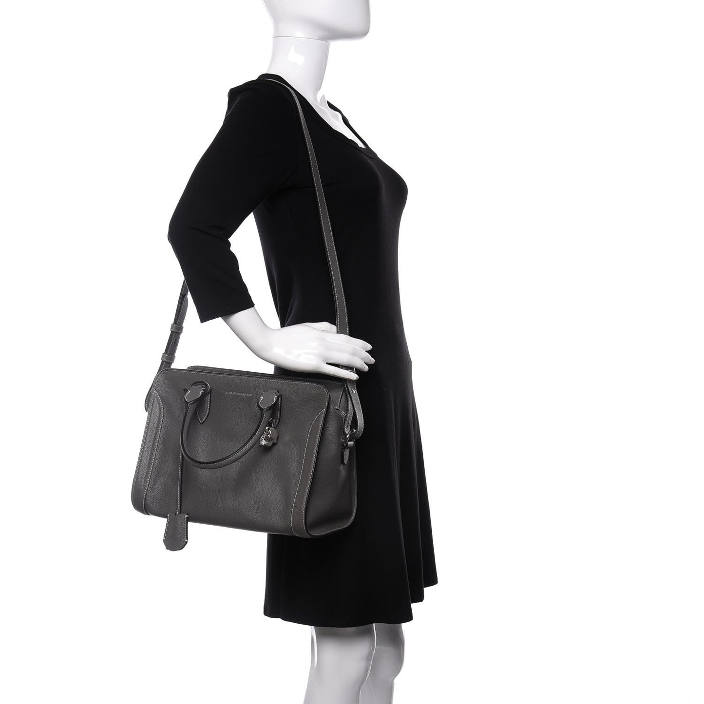 Pebbled Calfskin Small Skull Padlock Zip Around Tote Dark Grey