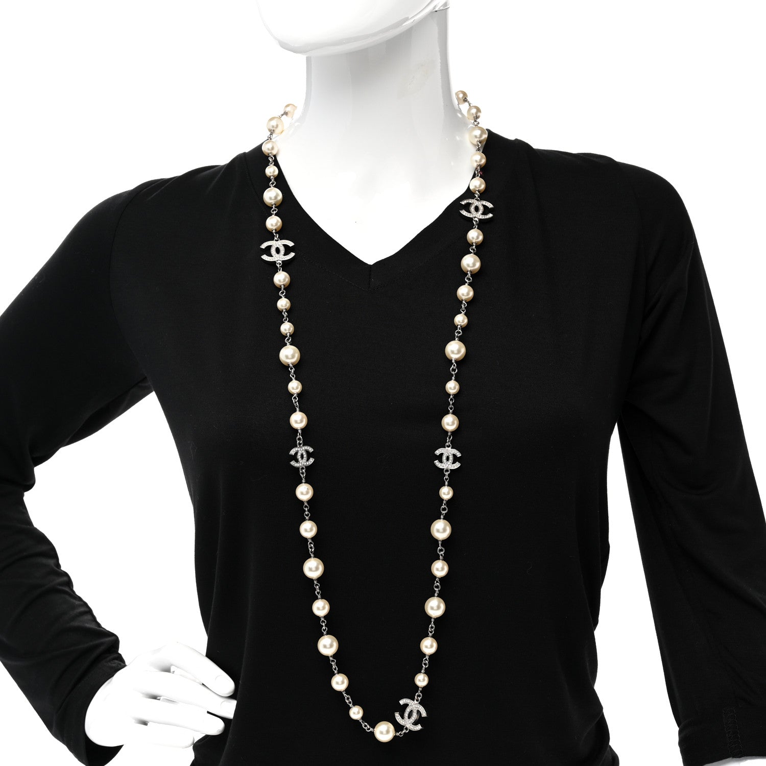 Chanel Graduated Pearl Crystal CC Long Necklace Silver 2 of 9