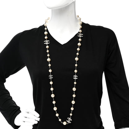 Chanel Graduated Pearl Crystal CC Long Necklace Silver 2 of 9