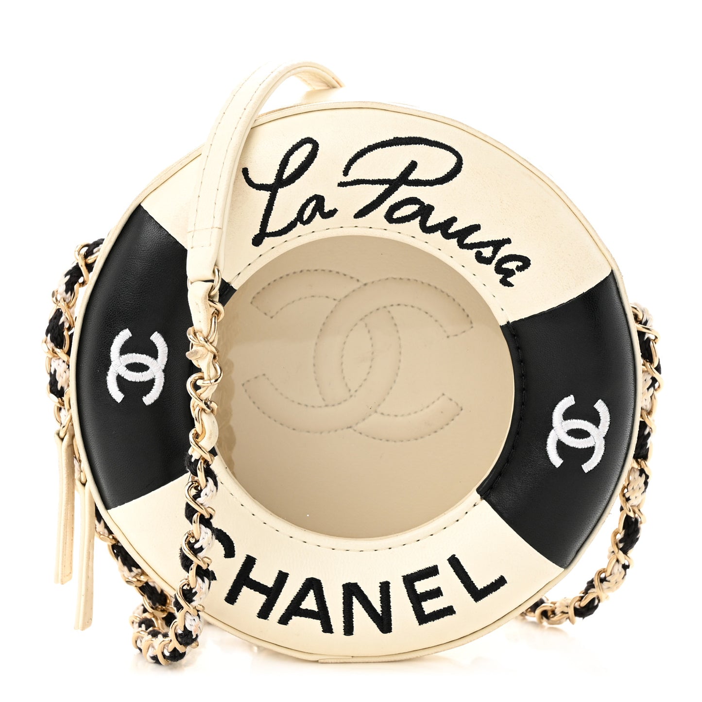 Lambskin Coco Lifesaver Round Bag Black White
