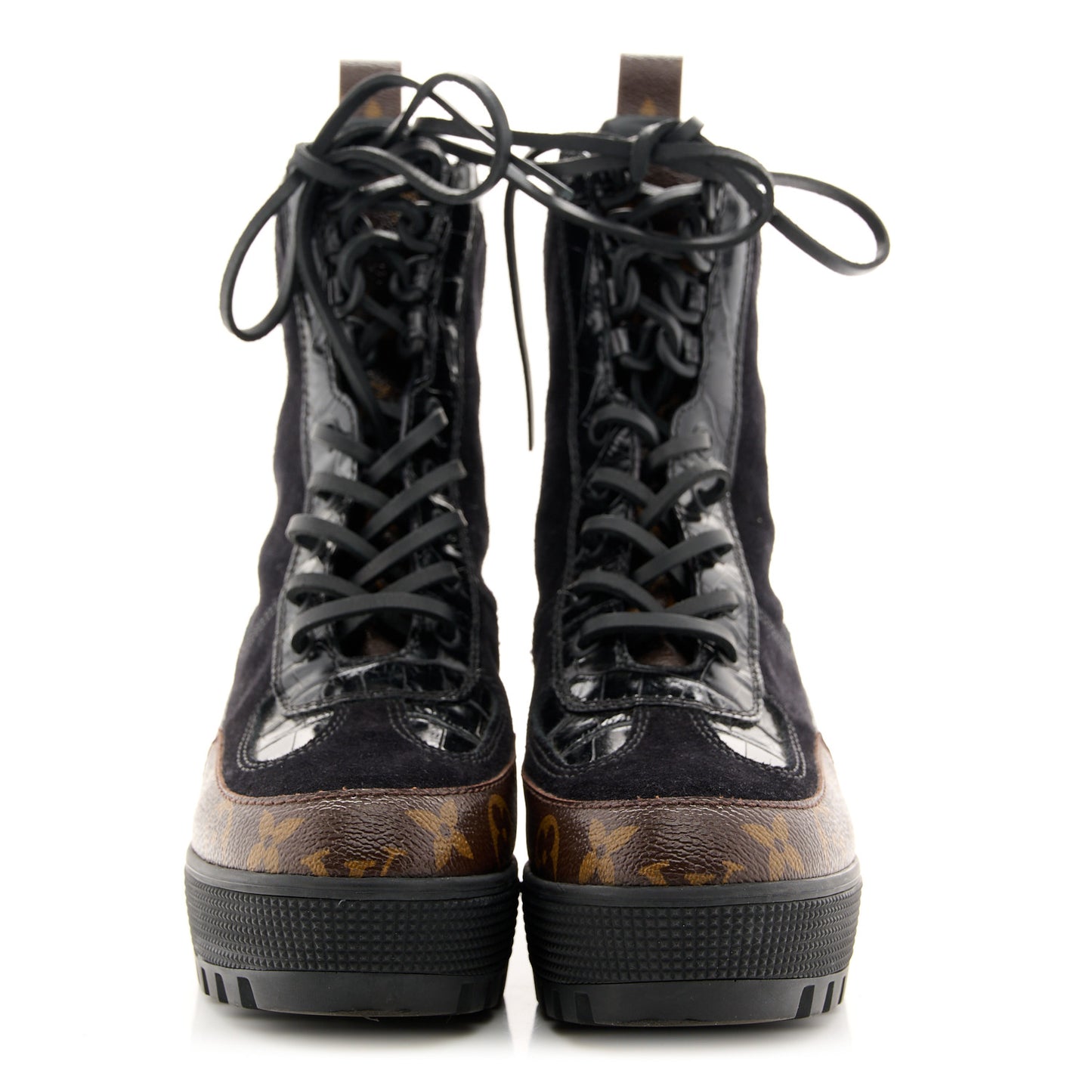 Suede Calfskin Crocodile Embossed Patent Monogram Laureate Platform Desert Boots 35 Black