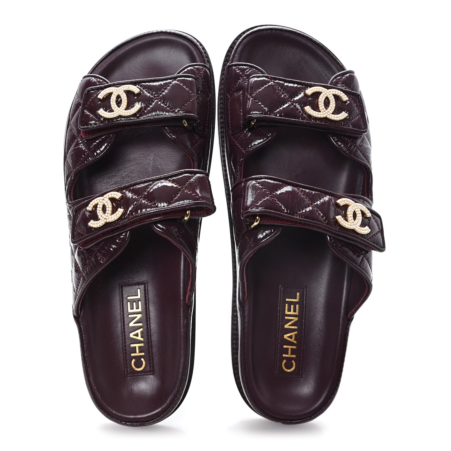 Chanel Shiny Calfskin Quilted Velcro Dad Pearl CC Slide Sandals 41 Burgundy 2 of 10