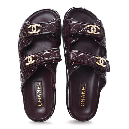 Chanel Shiny Calfskin Quilted Velcro Dad Pearl CC Slide Sandals 41 Burgundy 2 of 10