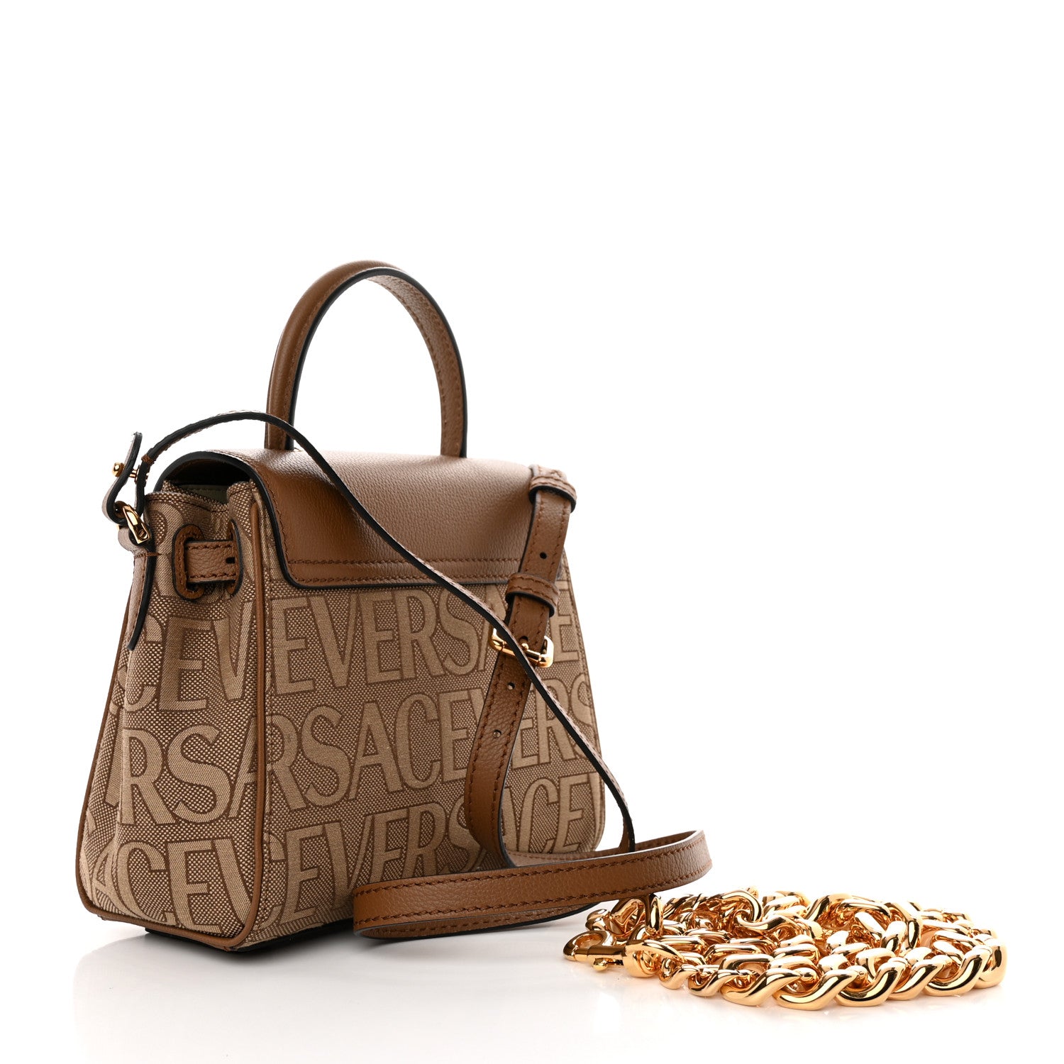 Versace Calfskin Canvas Allover La Medusa Small Top Handle Handbag Brown 3 of 10
