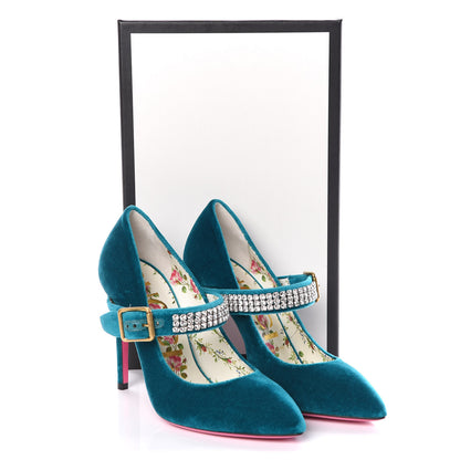Gucci Softy Velvet Malaga Kid Pumps 37.5 Pavone Cyan 8 of 8