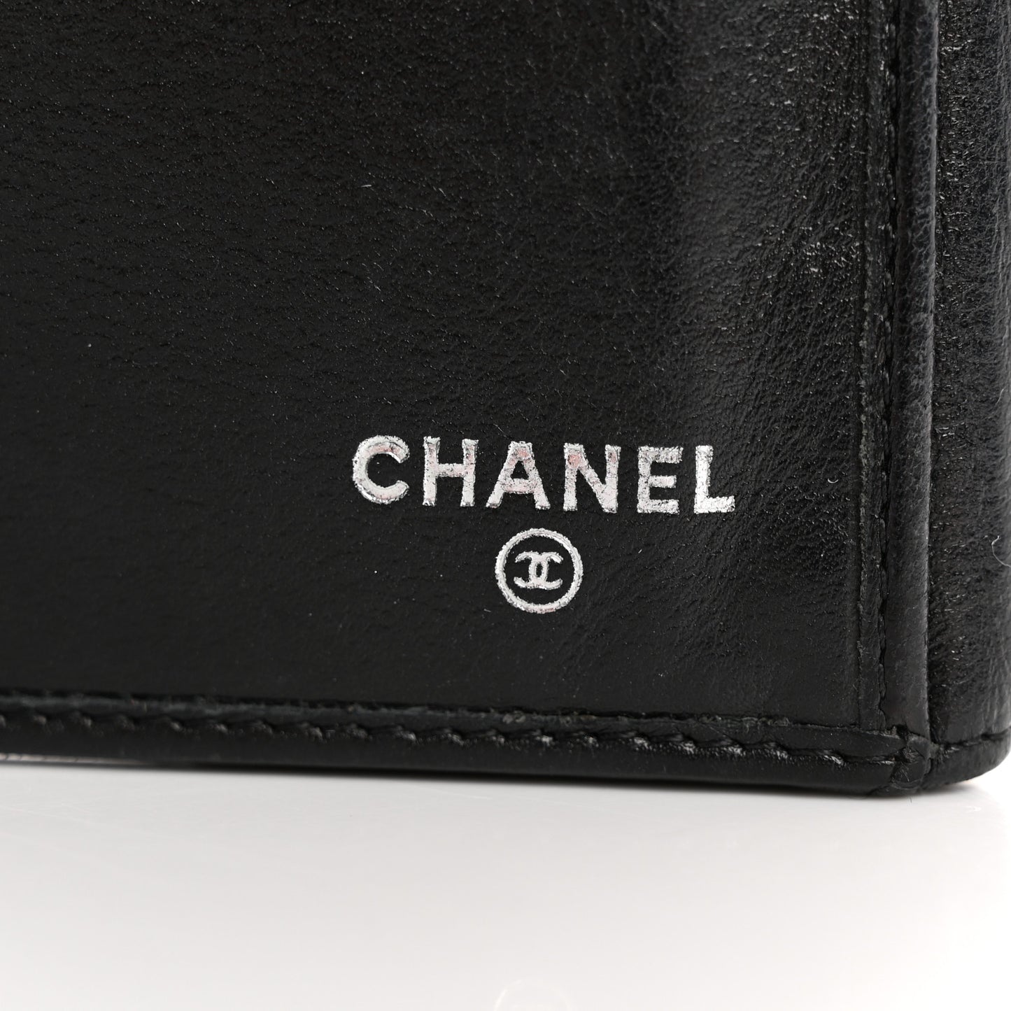 Goatskin Camellia Embossed Flap Wallet Black