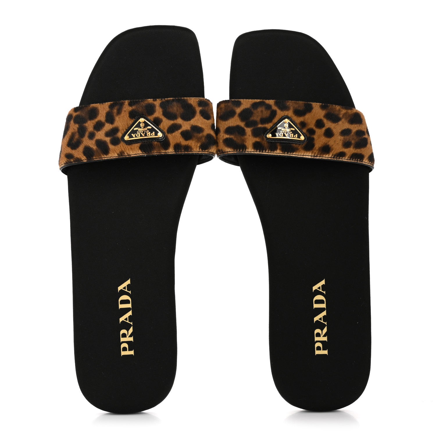 Prada Calf Hair Leopard Print Metal Triangle Logo Flat Slide Sandals 40 Miele 2 of 9
