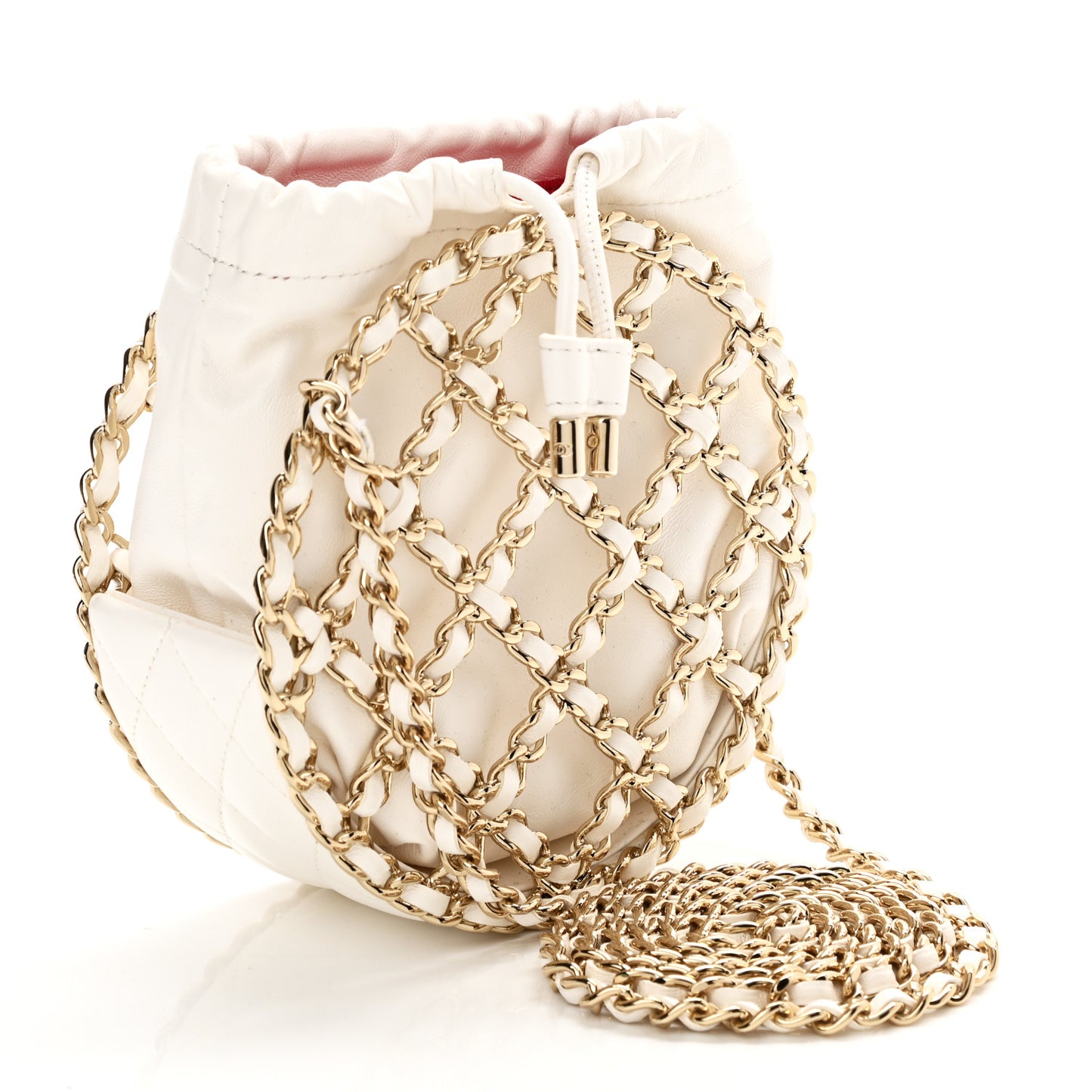 Lambskin Quilted Round Caged Chain Around Crossbody White