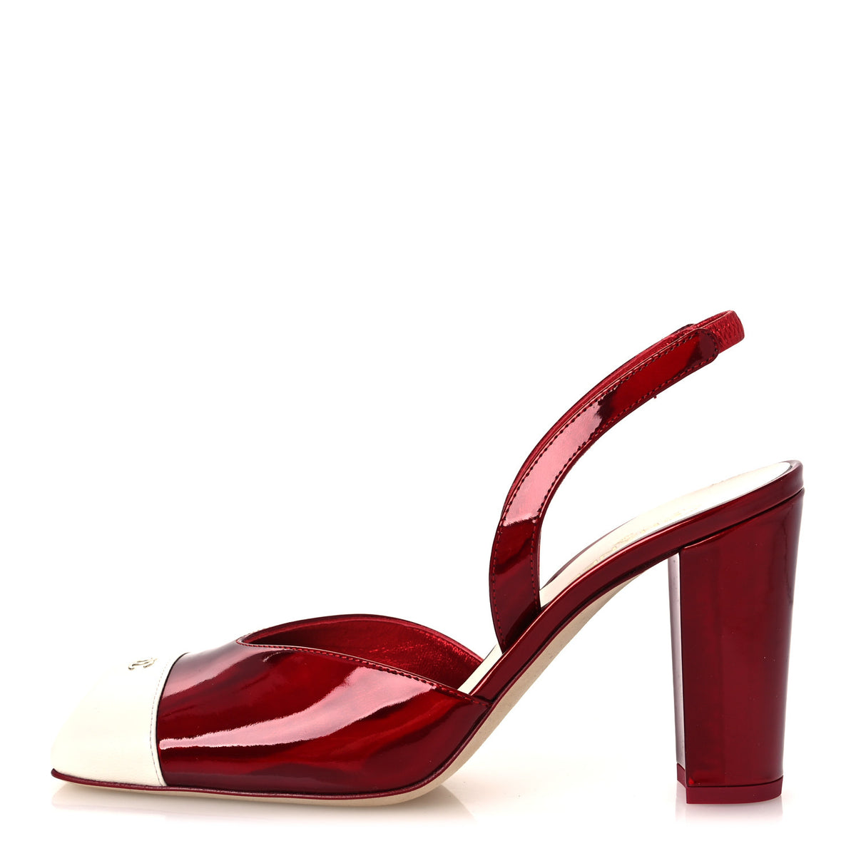 Laminated Calfskin Lambskin Cap Toe CC Slingback Pumps 38 Red Ivory