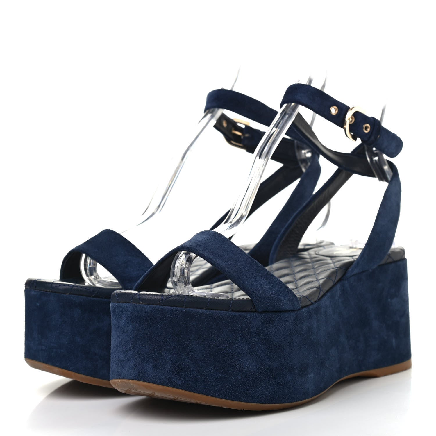 Chanel Suede Calfskin Platform Wedge Sandals 39 Blue 3 of 8