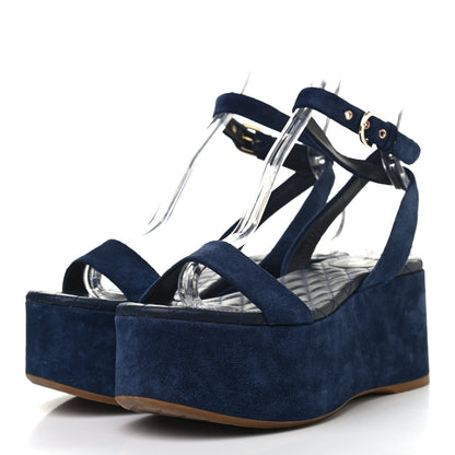 Chanel Suede Calfskin Platform Wedge Sandals 39 Blue 3 of 8