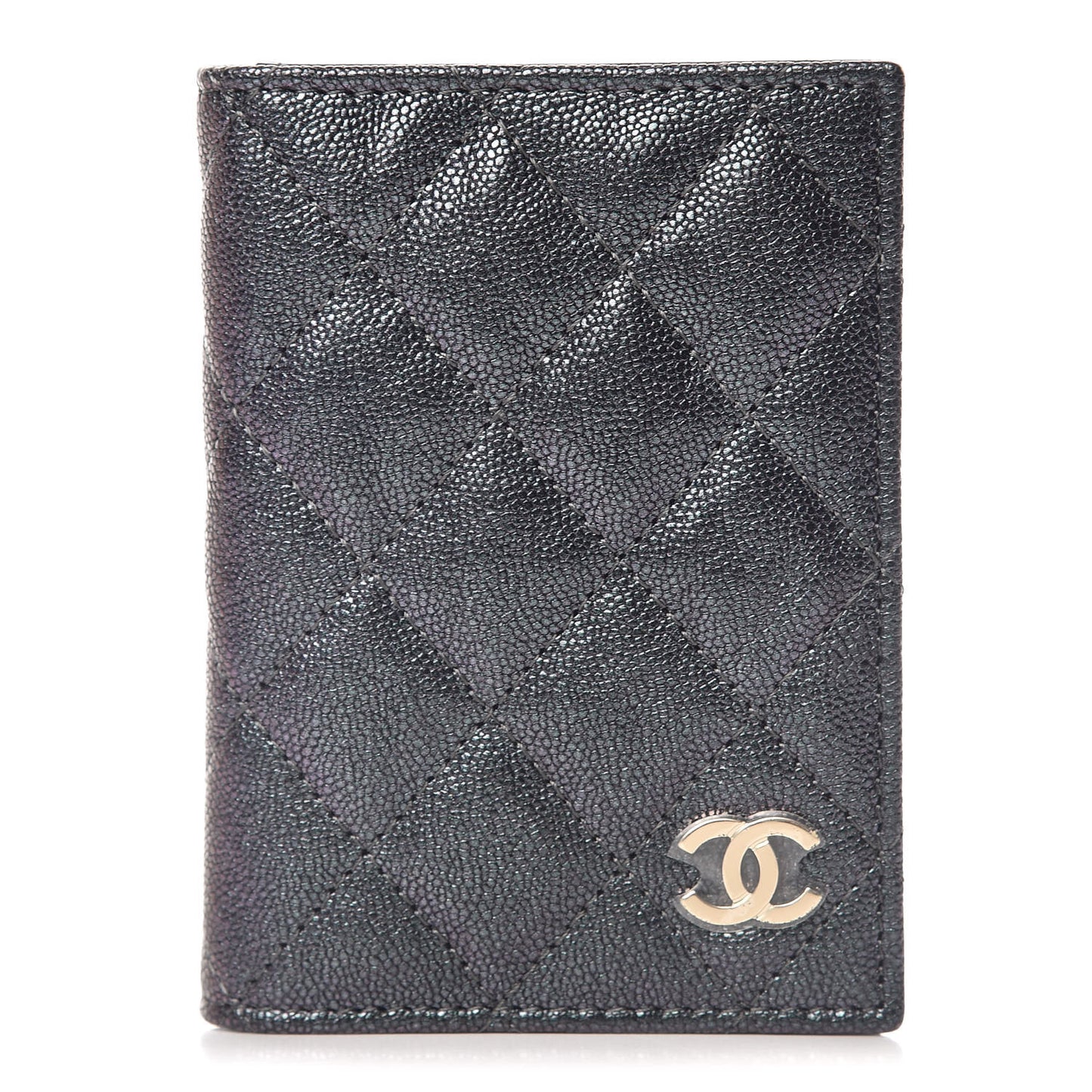 Iridescent Caviar Quilted Card Holder Wallet Black
