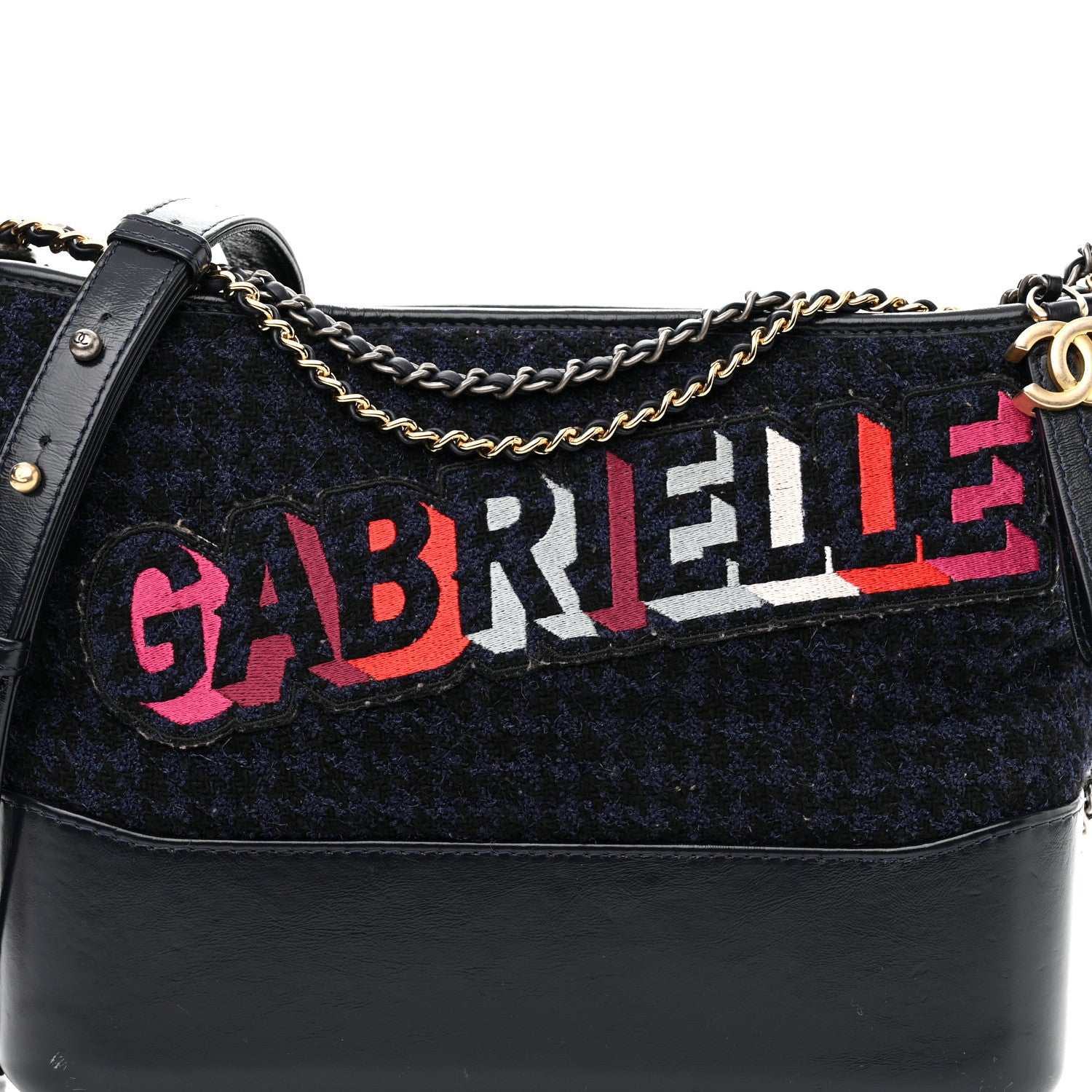 Chanel Tweed Calfskin Quilted Medium Gabrielle Hobo Black Blue 8 of 10