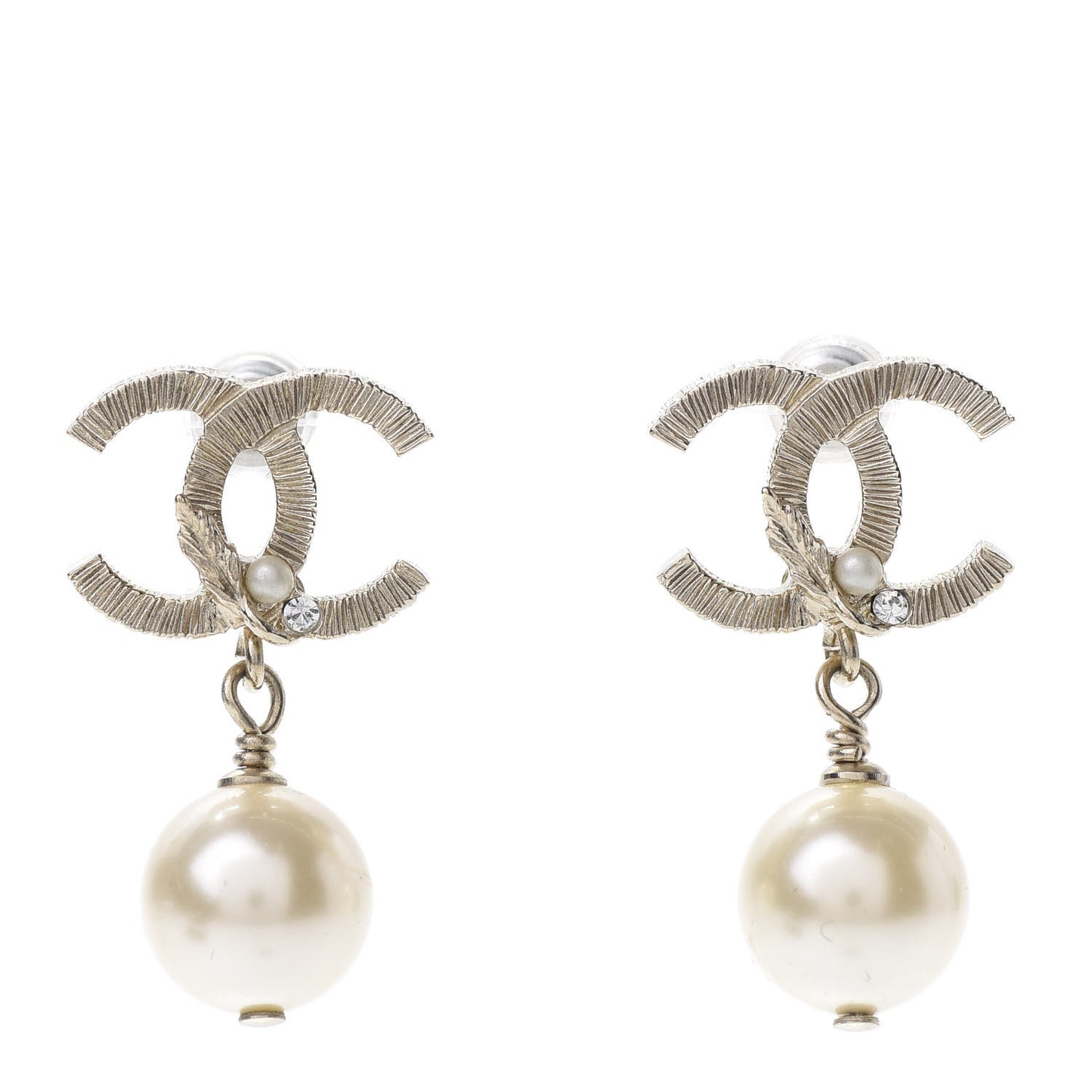 Crystal Pearl CC Drop Leaf Earrings Gold