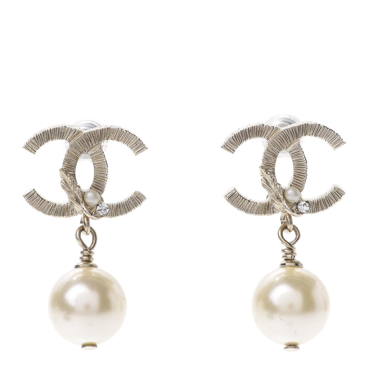 Chanel Crystal Pearl CC Drop Leaf Earrings Gold 1 of 5
