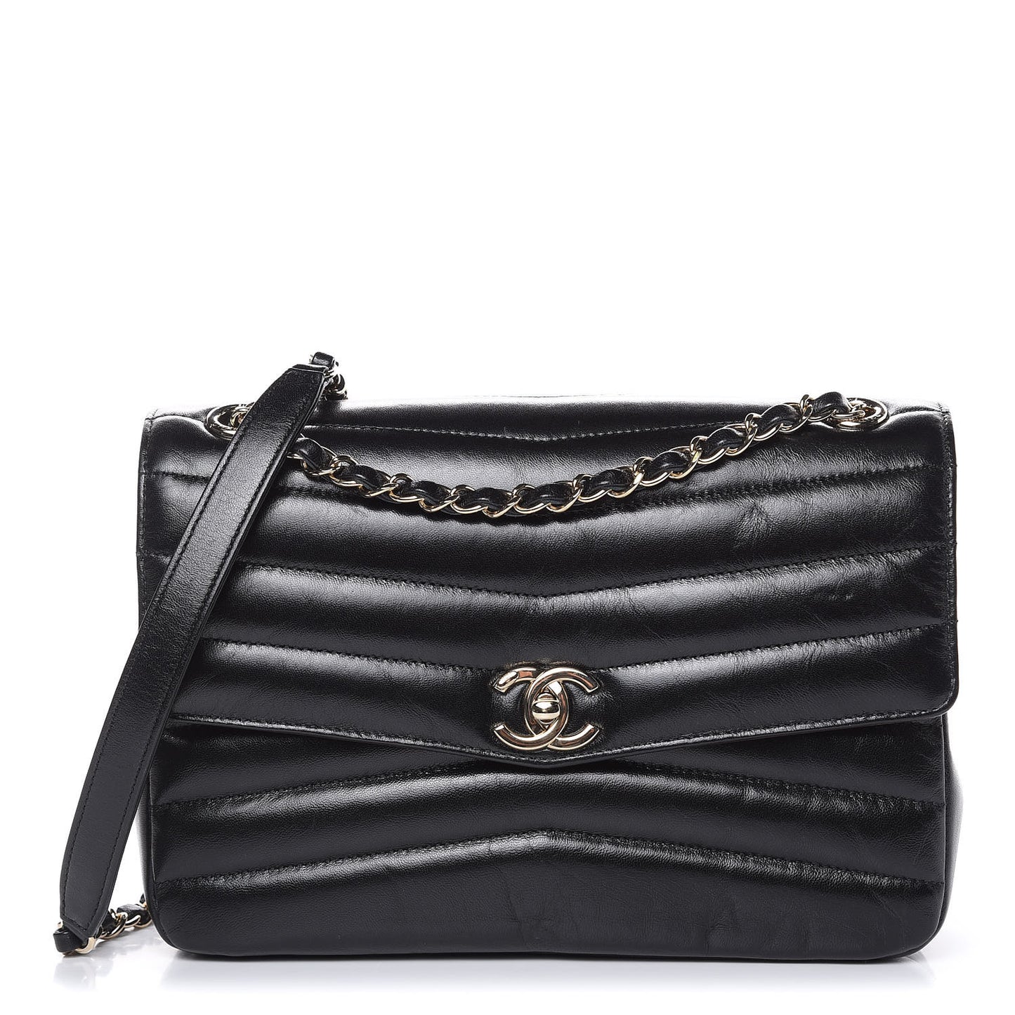 Shiny Lambskin Chevron Quilted Miroir Black