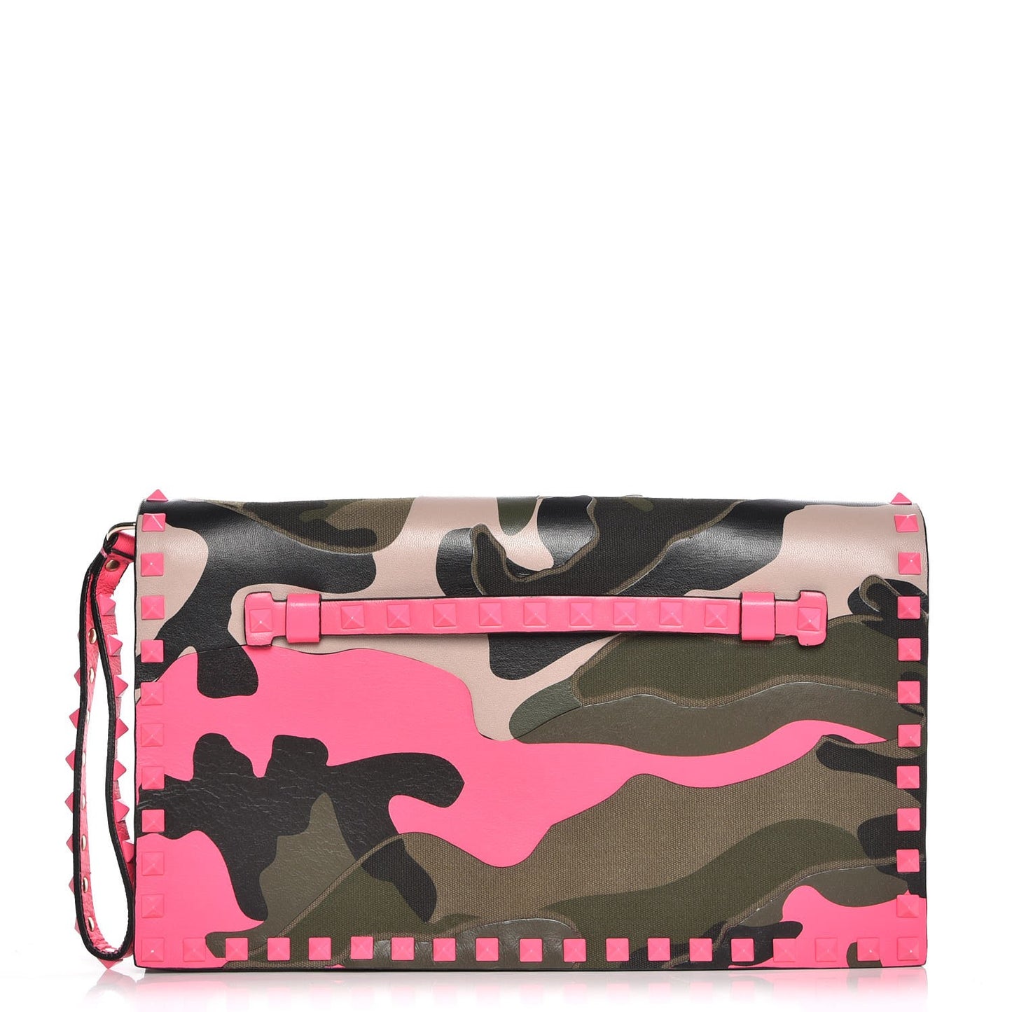 Nappa Canvas Camouflage Rockstud Wristlet Clutch Fuxia Fluo