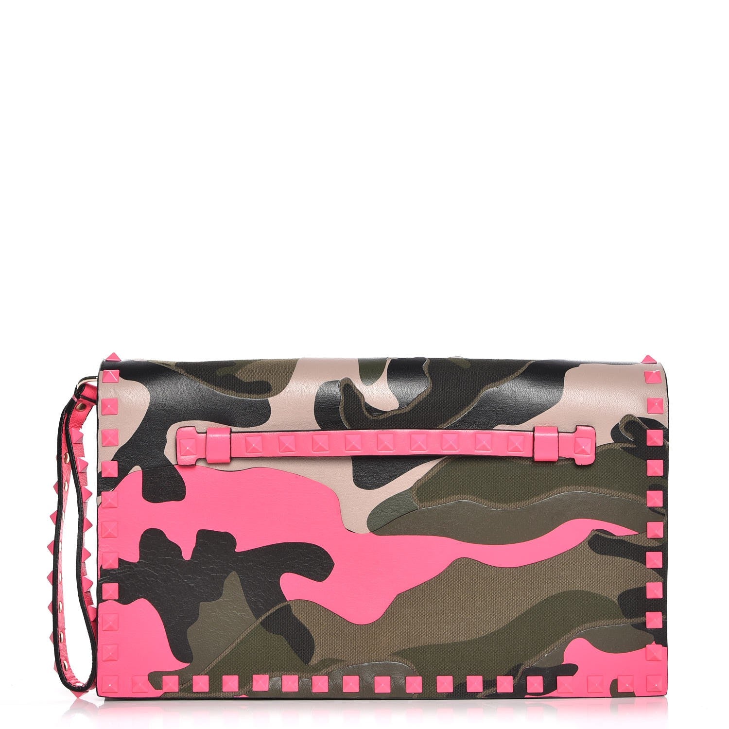 Valentino Garavani Nappa Canvas Camouflage Rockstud Wristlet Clutch Fuxia Fluo 1 of 7