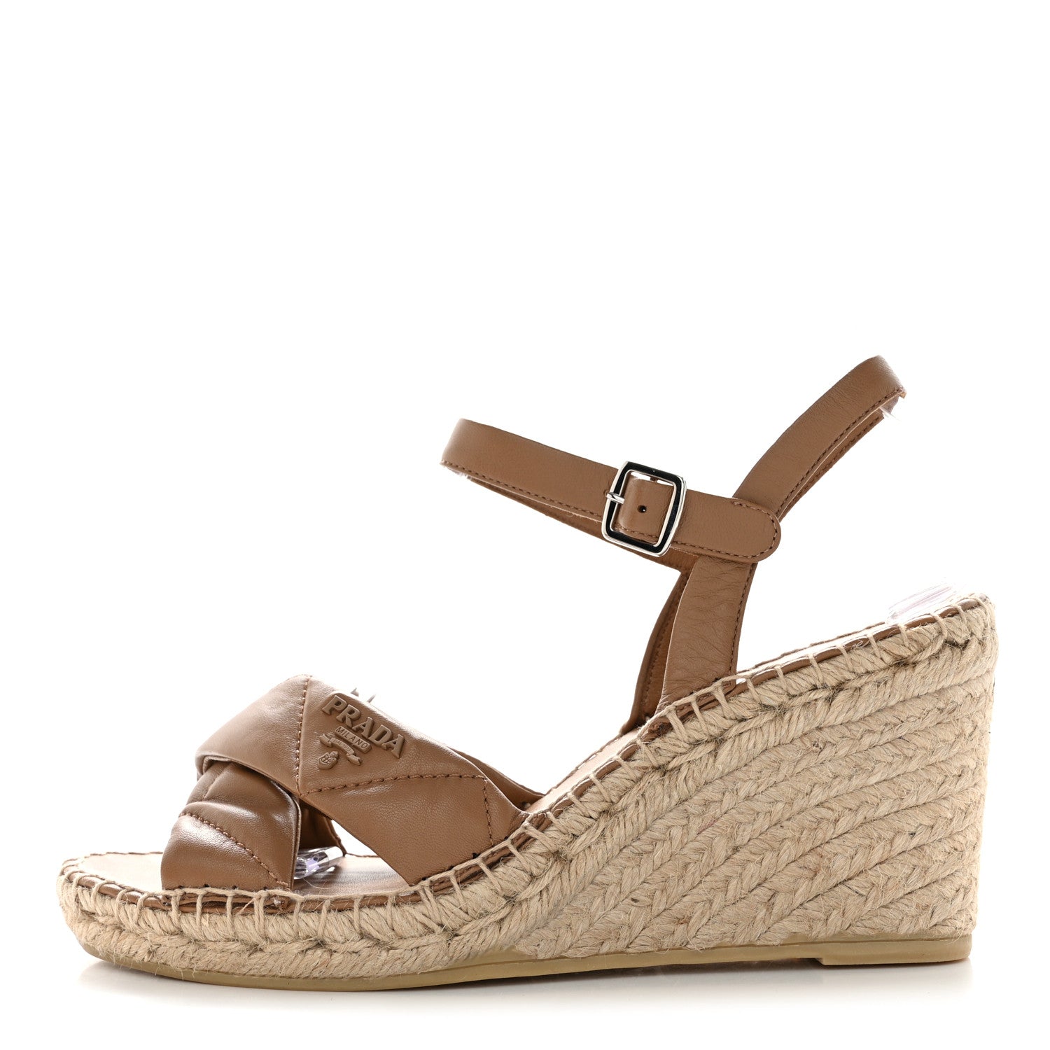Prada Nappa Quilted Espadrille 90mm Wedge Sandals 39 Caramel 1 of 10