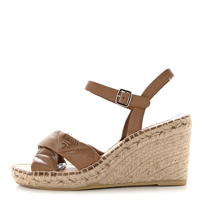 Prada Nappa Quilted Espadrille 90mm Wedge Sandals 39 Caramel 1 of 10