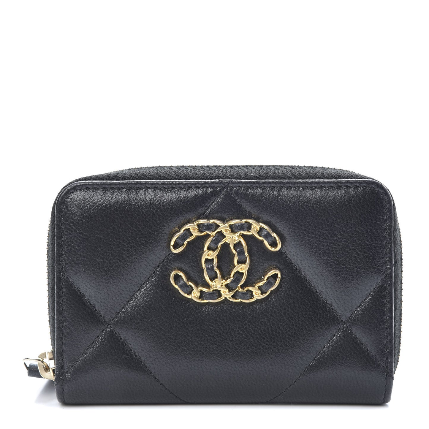 Shiny Goatskin Quilted Chanel 19 Zip Around Coin Purse Wallet Black