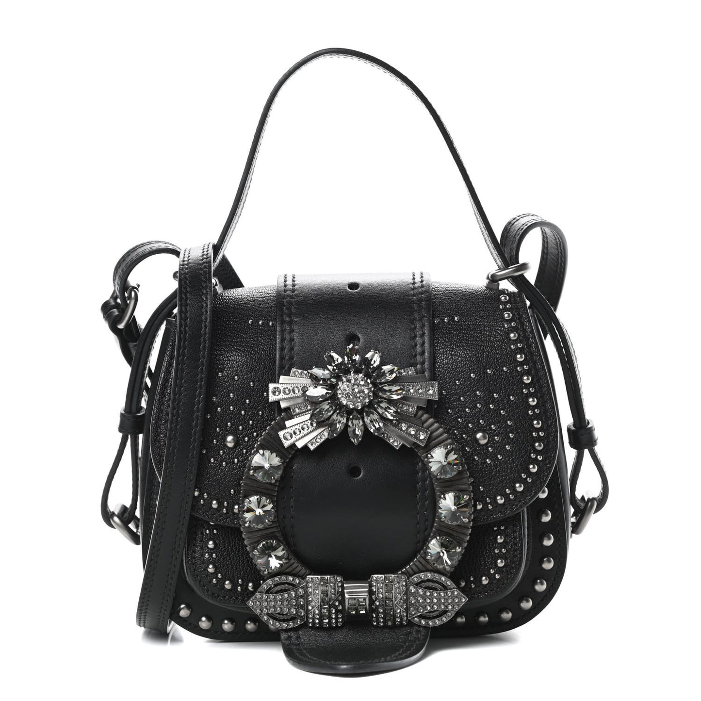 Goatskin Madras Soft Calfskin Crystal Embellished Dahlia Shoulder Bag Black