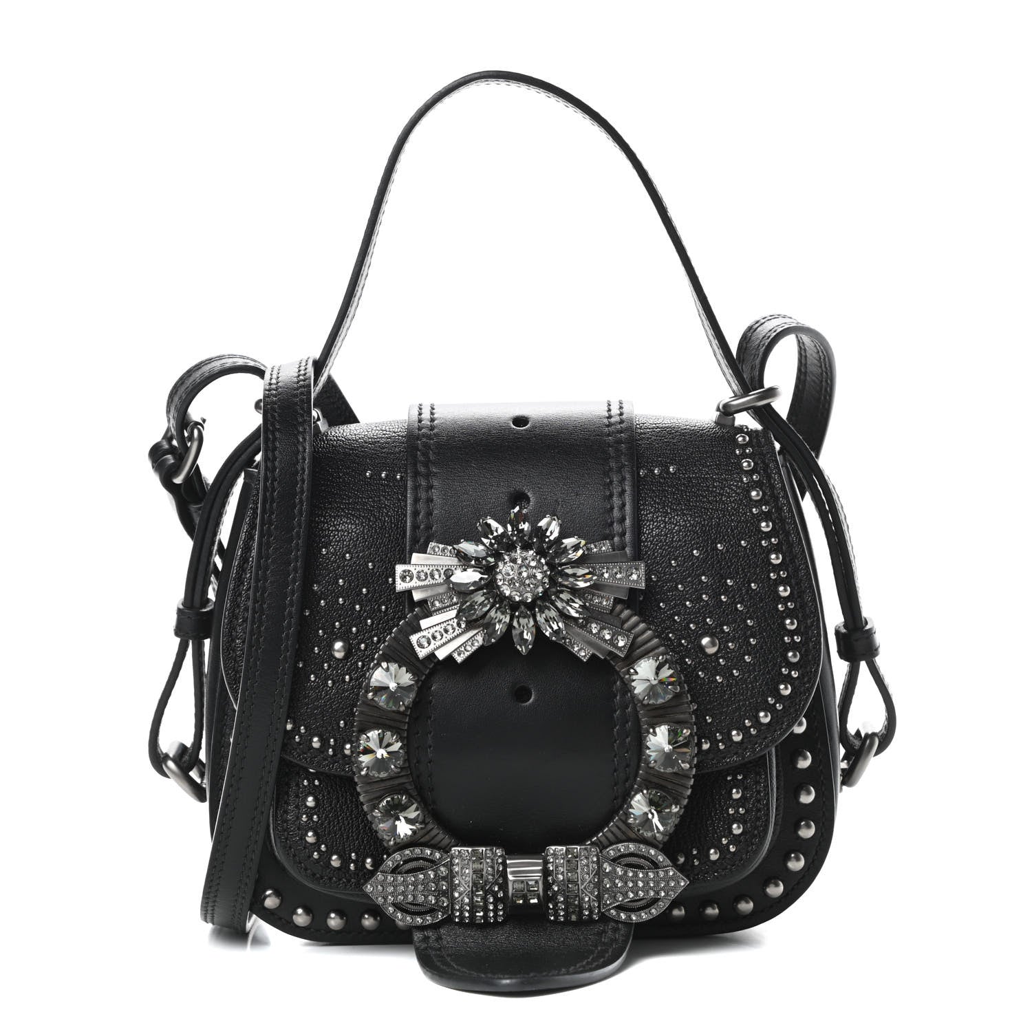 Miu Miu Goatskin Madras Soft Calfskin Crystal Embellished Dahlia Shoulder Bag Black 1 of 12